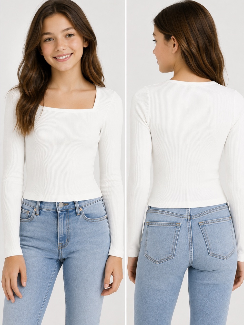 Art Class Girls XL 14 White Ribbed Square Neck Long Sleeve Top NWT